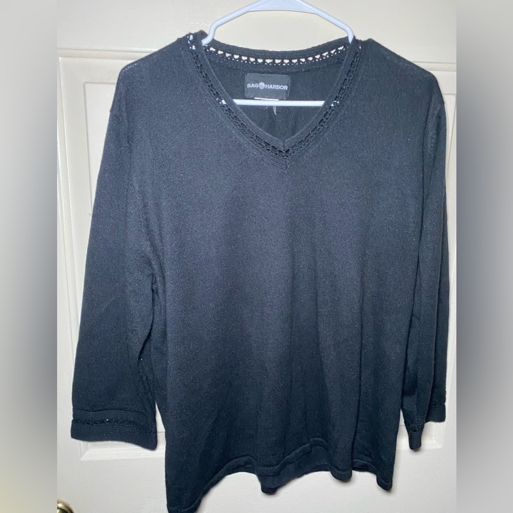 Sag Harbor Knit Sweater Black Crochet Neckline L/XL
